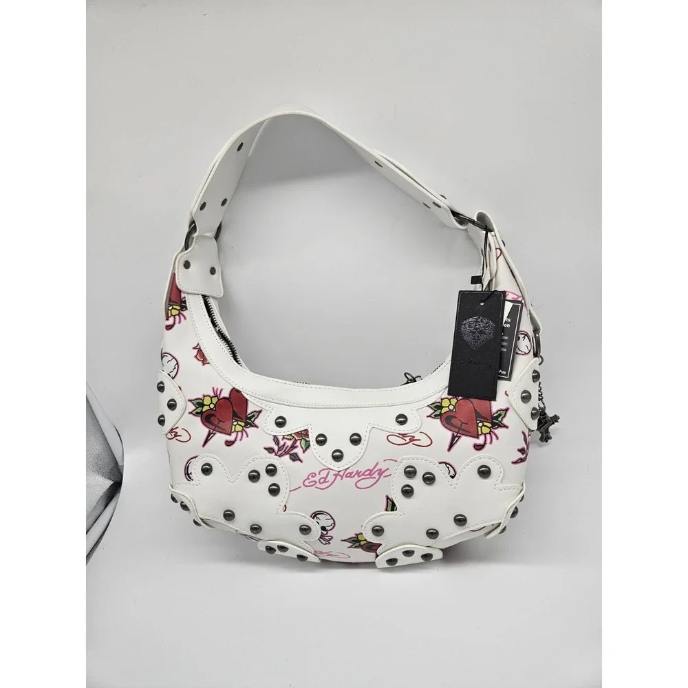 Ed Hardy Skull Rose Heart Print Purse Shoulder Bag‎ Y2K White Red Gunmetal NEW